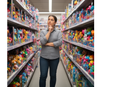 A confused parent in a toy shop aisle choosing between different types of educational toys for their child.
