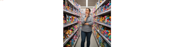 A confused parent in a toy shop aisle choosing between different types of educational toys for their child.